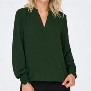 ONLY Open V-neck long sleeve smock top Women's blouse dark green size small BNWT